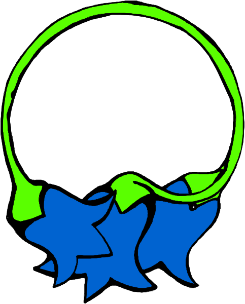 The image shows a graphic of an object that resembles a hula hoop with blue flowers on it hanging from what appears to be two green leaves at either end.