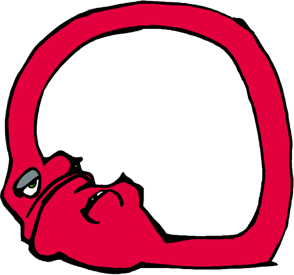 The image shows a red cartoon character lying on its back with an exaggeratedly large smiley face for a head in front of what appears to be a white background.