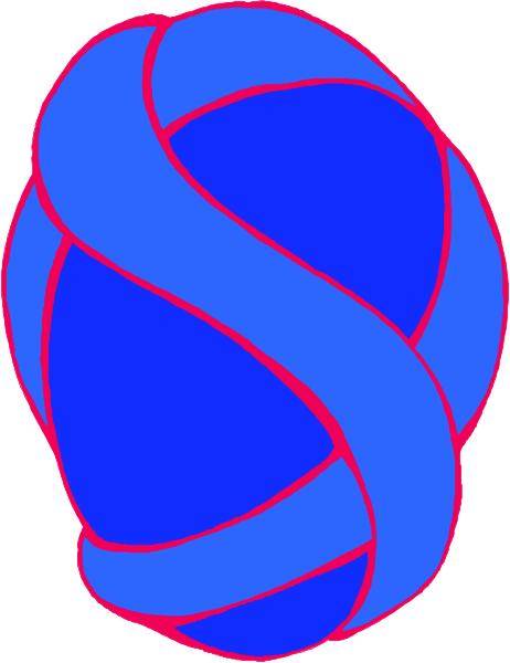 The image shows a blue spiral with red lines forming an abstract design that resembles a stylized ball of yarn in motion against a white background.