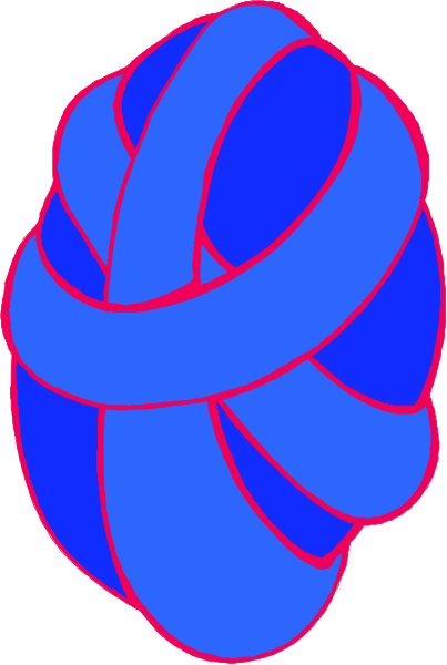 The image shows a stylized blue rope with red loops forming an abstract shape against a white background.