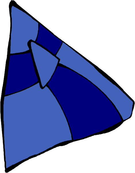 The image shows a blue triangular sail with white stripes on it against a gray background.