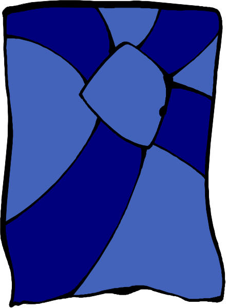 The image shows a blue stained glass window with an abstract design featuring geometric shapes such as triangles and rectangles arranged in patterns that create depth perception of three-dimensional space within two dimensions.