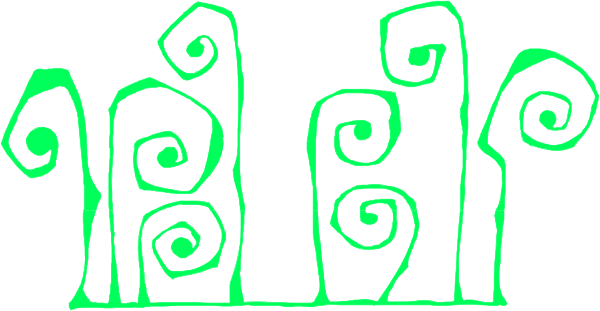 The image shows a green swirl design with black spirals on top of it against a white background.