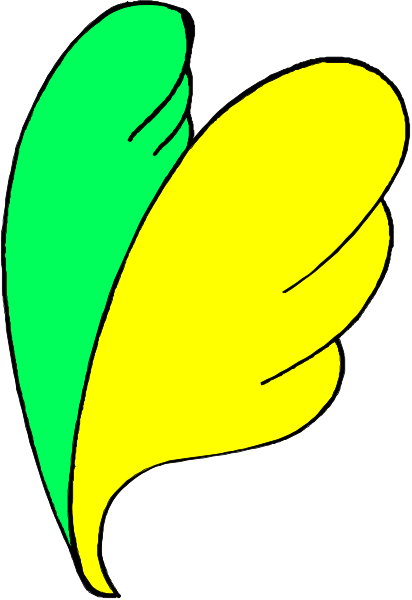 The image shows a stylized yellow leaf with green detailing on it against a white background.
