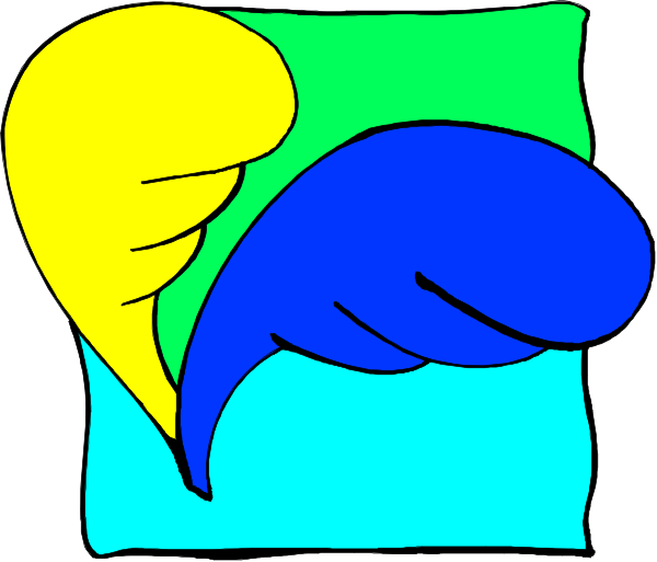 The image shows a blue dolphin swimming next to two yellow speech bubbles with text inside them on an abstract background that resembles water in shades of green and light brown.
