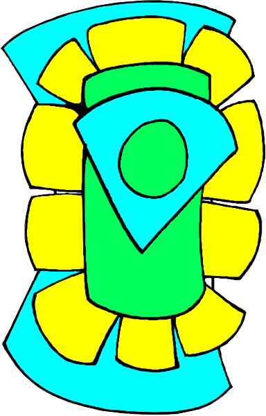 The image shows a stylized representation of an abstract design with geometric shapes that resemble gears within what appears to be a larger circular shape on top of another circle in blue tones against a white background, giving it a three-dimensional appearance as if looking up at them from below.