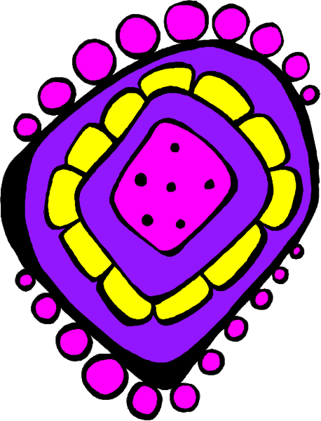 The image shows a stylized purple flower with yellow centers surrounded by pink dots on white background.