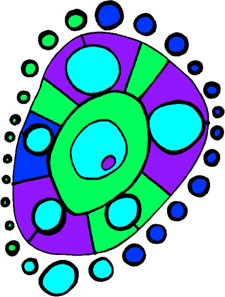 The image shows a colorful abstract design with various shapes including circles of different sizes connected by lines to form an intricate pattern against a white background.