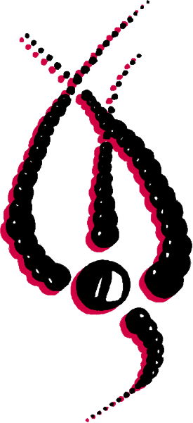 The image shows a black and white illustration of an abstract design with red dots forming shapes that resemble musical notes on staves against a gray background.