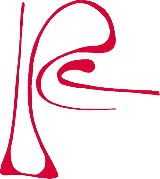 The image shows a red abstract design with flowing lines that resemble musical notes on white background.
