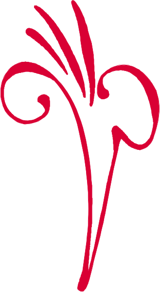 The image shows a red stylized logo with two curved lines forming an abstract design that resembles leaves on either side of what appears to be a stem in between them; it is set against a white background and has no additional context provided within this small clip-art format.