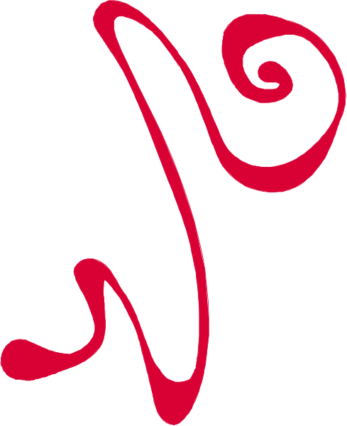 The image shows a red cursive logo with swirl designs on either side of it against a white background.
