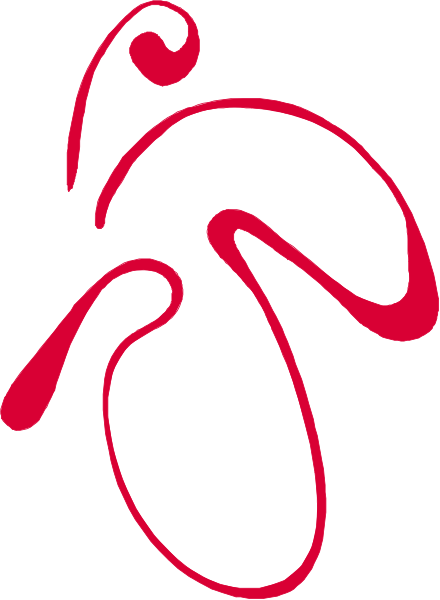The image shows a red logo with white outlines of two figures that appear to be dancing; it is set against a gray background.