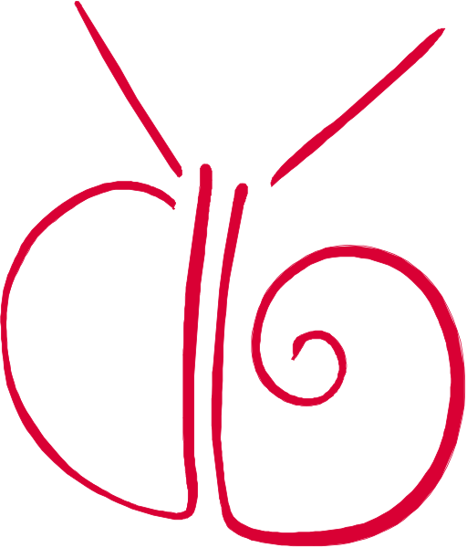 The image shows a red swirl design with two black dots at either end of it forming an abstract shape that resembles a stylized letter "c".