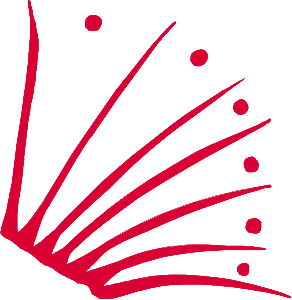 The image shows a red fern with green leaves against a white background on top of which there is an illustration resembling a stylized feather in black lines.