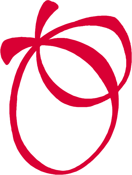 The image shows a red logo with an abstract design that resembles two overlapping circles forming a heart shape at its center.