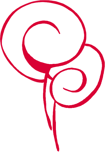 The image shows a red swirl with two loops on either side of it against a white background.