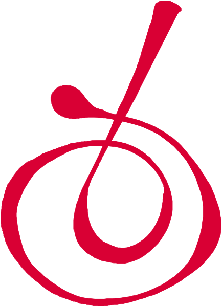 The logo consists of a red spoon with two handles crossed over each other inside an oval shape that is outlined by white lines forming a circle around it.