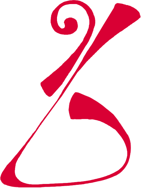 The red logo of a musical note with an elegant swirl design on it.