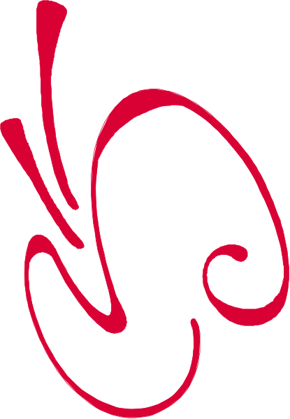The image shows a red stylized fish with fins on its back swimming upwards to the right side of an abstract background that has vertical lines in shades of gray and brown.