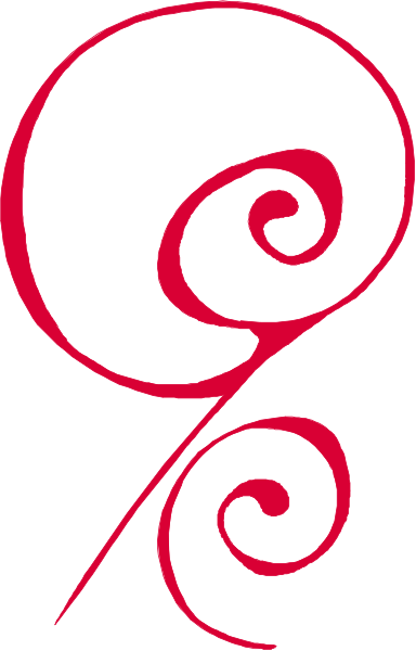 The image shows a red swirl design with two black spirals intertwined against a white background on an abstract patterned surface that resembles paper texture.