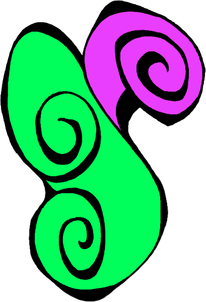 The image shows a stylized graphic of two intertwined spirals with swirls on top forming an abstract design resembling leaves in purple and green hues against a white background.