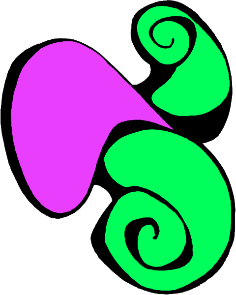 The image shows a stylized purple flower with green swirls inside it against a white background.