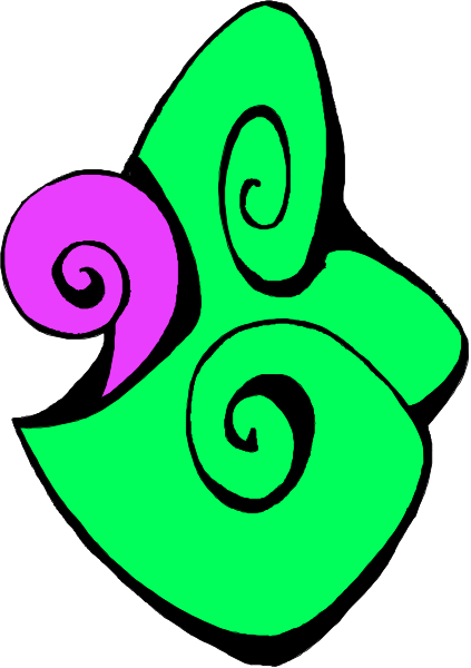 The image shows a stylized green leaf with purple swirls on it against a white background.