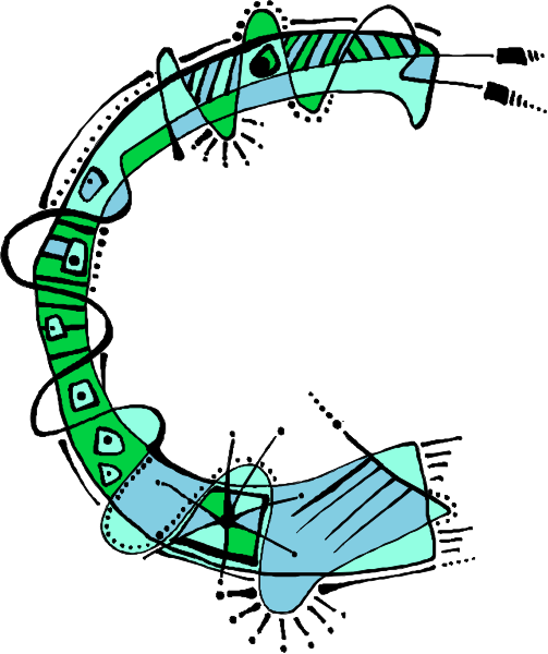 The image shows a black and white illustration of an abstract design that resembles musical notes forming a circular pattern with various shapes inside it.
