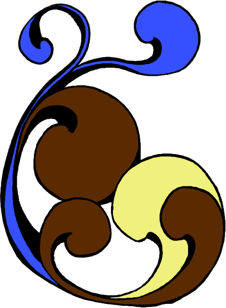 The image shows a stylized graphic of an abstract design with swirling patterns resembling leaves on either side forming two symmetrical halves around what appears to be a central circular motif in contrasting shades, possibly representing flowers within each leaf-like shape; there is no text or additional context provided.
