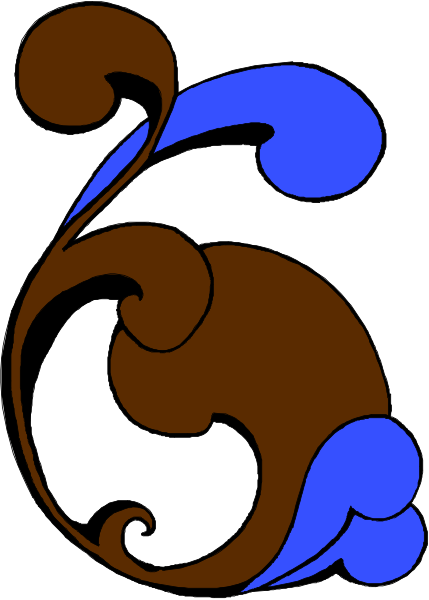 The image shows a stylized blue flower with swirling patterns on its petals next to an abstract brown design that resembles musical notes in white ink against a light background.