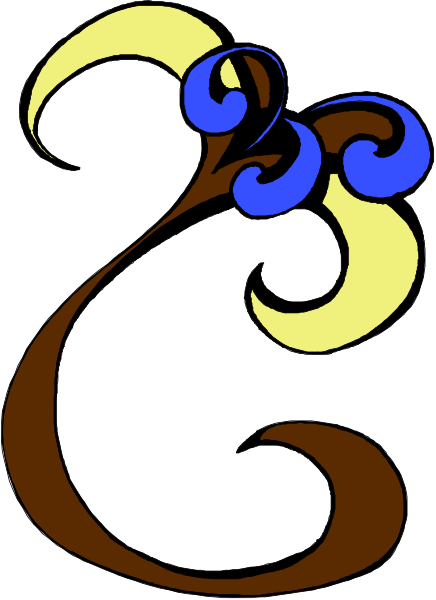 The image shows a stylized graphic of an abstract design with swirling patterns resembling leaves on either side, connected by what appears to be a stem in brown color at the bottom center.