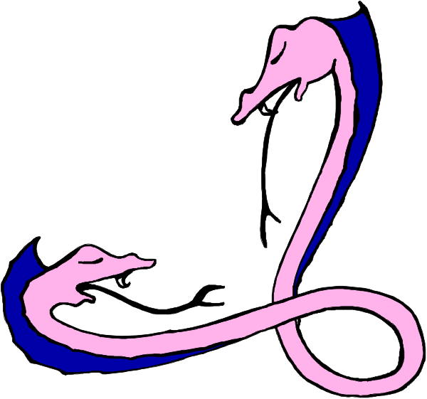 The image shows two pink snakes intertwined with a blue background.
