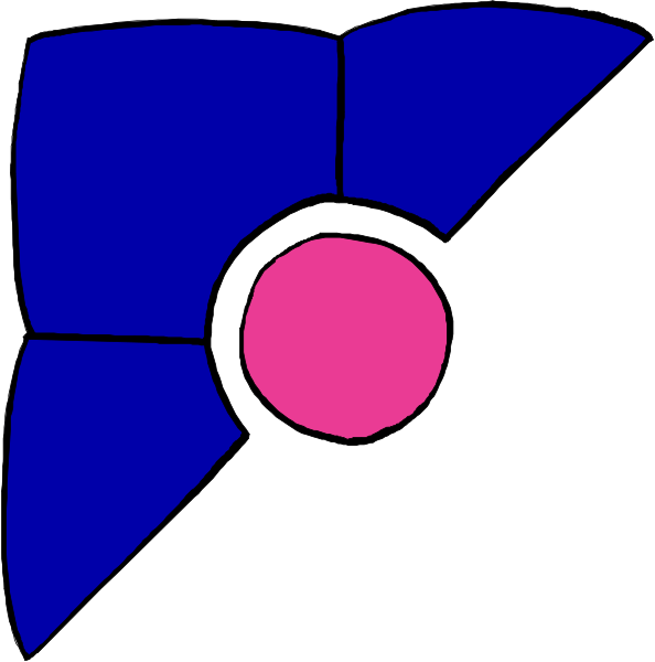 The image shows a blue hexagon with an inner pink circle on its right side against a white background.