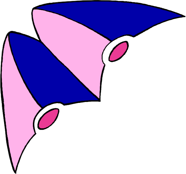 The image shows a cartoon of three stylized animal heads with pink ears on top; two have blue noses while one has red.