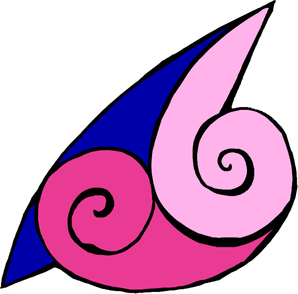 The image shows a stylized pink swirl with two blue spirals on either side of it against a white background.