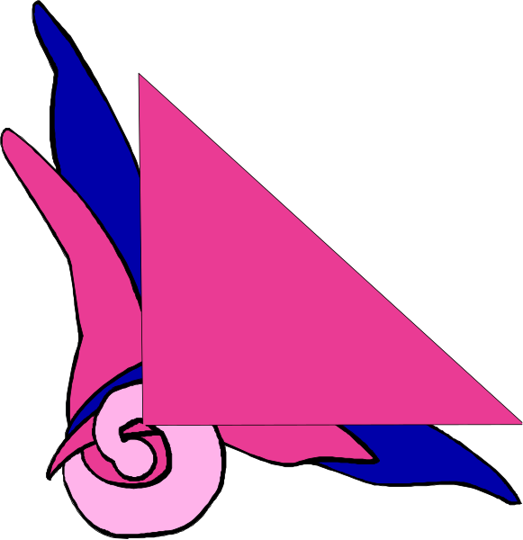 The image shows a pink triangle with two smaller triangles inside it on top of each other against a white background to its left side; there is also an illustration resembling a flower in shades of blue and purple, which appears to be stylized or abstracted rather than realistic, positioned below the main object.