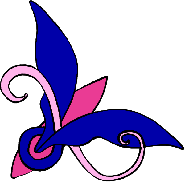 The image shows a stylized blue butterfly with pink accents on its wings against a white background.
