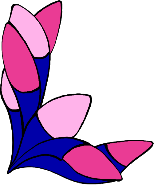 The image shows a stylized flower with pink petals on top of blue leaves against a white background.