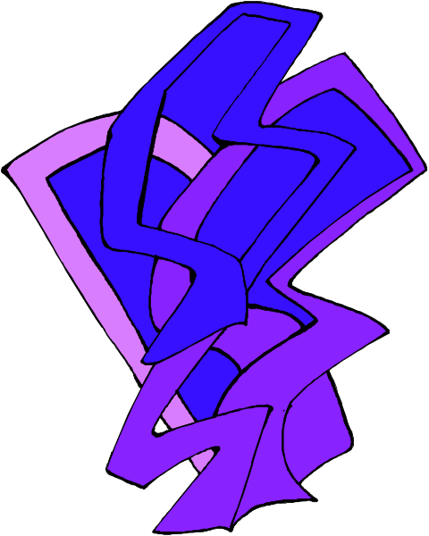 The image shows a colorful abstract design with geometric shapes that resemble letters forming an intricate pattern against a white background.