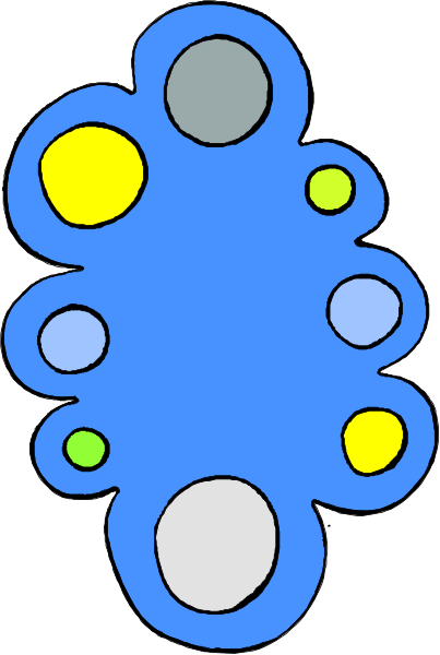 The image shows a blue abstract design with various shapes that resemble flowers against a white background.