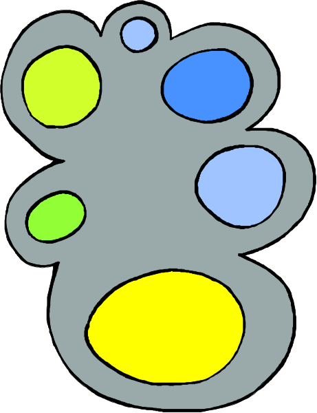 The image shows a colorful abstract design with six circles of different sizes arranged to resemble an object that could be interpreted as either a flower or some sort of stylized creature; it is set against a plain background and does not depict any specific setting, objects, people, animals, actions.