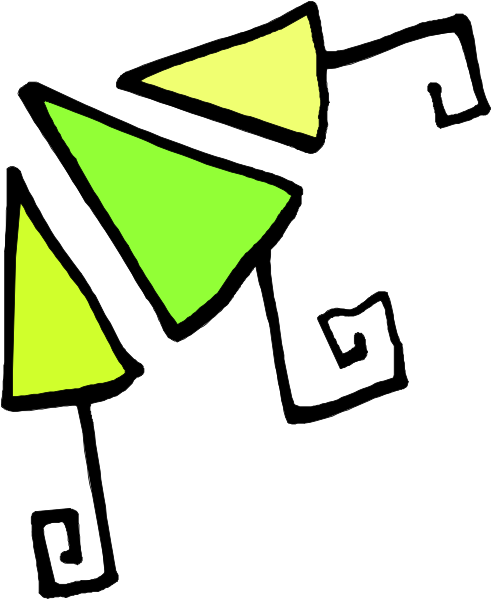 The image shows a simple line drawing of two green triangles with yellow outlines resembling trees against an untextured background.