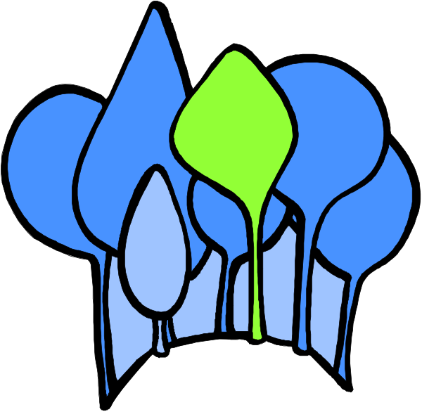 The image shows a collection of stylized trees with varying shades of blue on top against white backgrounds at bottom.