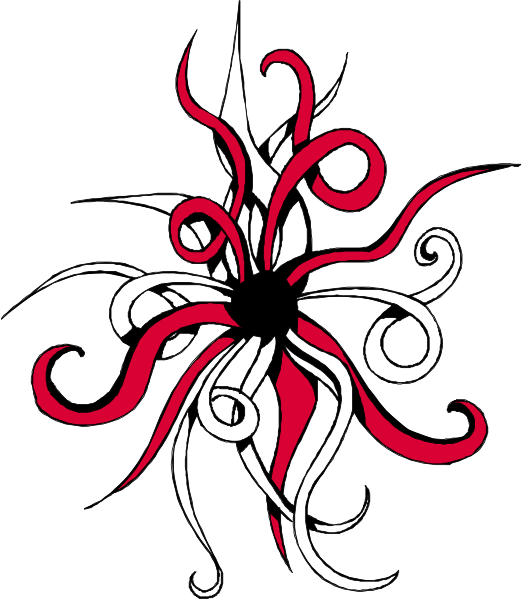 The image shows a stylized graphic of an abstract flower with red petals against white background featuring swirling patterns around it.