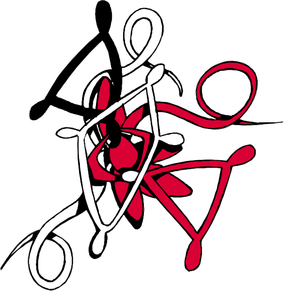 The image shows a black and white abstract design with various shapes that resemble letters forming an intricate pattern against a red background on top of which there is another layer featuring what appears to be cursive writing in different styles, including loops and swirls.