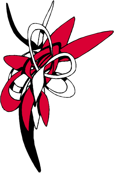 The image shows a red flower with black stems against a white background on top of which there is an abstract design resembling a plant in shades of gray and pink.