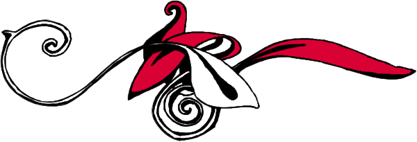 The image shows a red ribbon with swirls on it against a white background.