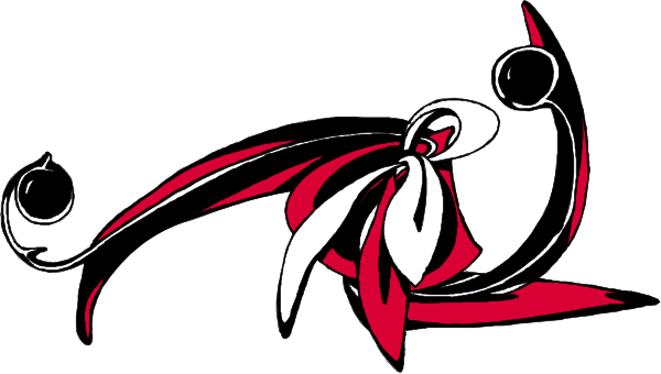 The image shows a stylized graphic of an abstract design with red, black, white, and blue elements that resemble flowers in various stages of bloom against a light background.