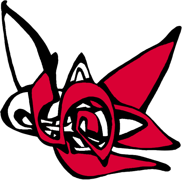 The image shows a red flower with petals that have been drawn to look like faces of different expressions using black lines for eyes and mouths on each petal.